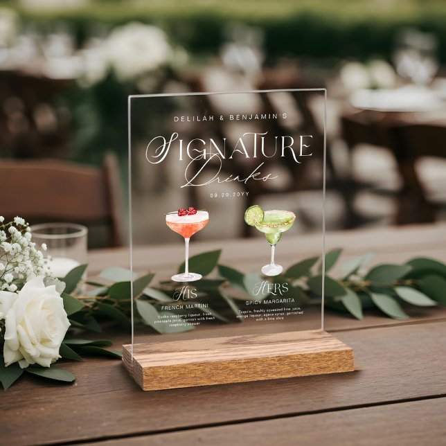 Señal Acrílica Elegante acuarela su Boda de bebida de firma (Elegant Watercolor His Her Signature Drink Wedding Acrylic Sign)