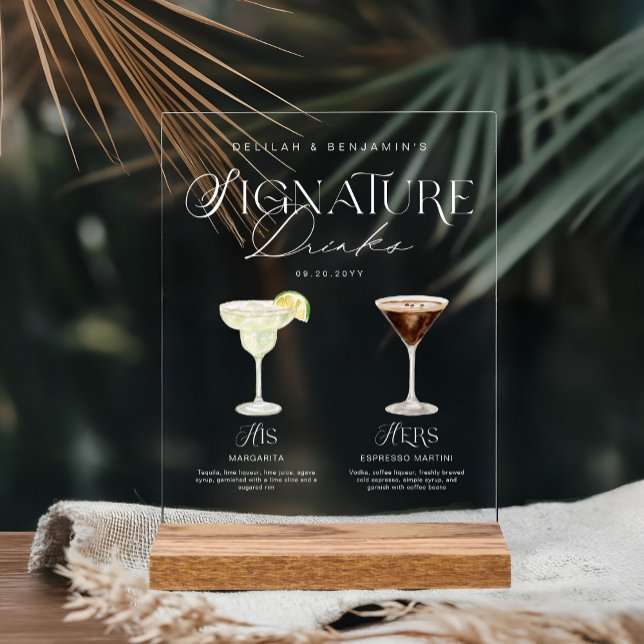 Señal Acrílica Elegante acuarela su Boda de bebida de firma (Elegant Watercolor His Her Signature Drink Wedding Acrylic Sign)
