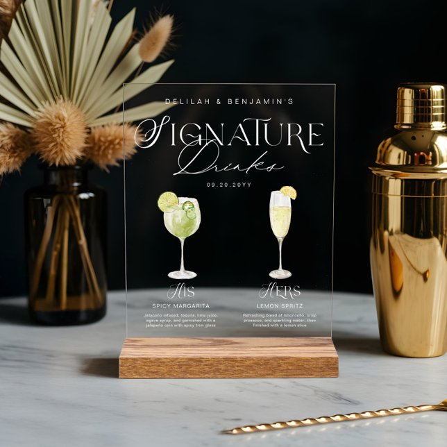 Señal Acrílica Elegante acuarela su Boda de bebida de firma (Elegant Watercolor His Her Signature Drink Wedding Acrylic Sign)