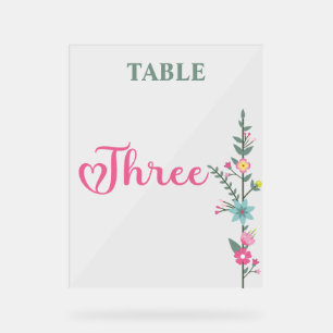 Señal Acrílica Elegante Amor Floral Número de Mesa de Boda TRES