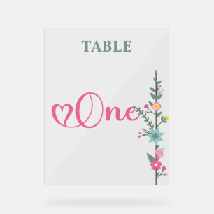 Señal Acrílica Elegante Amor Floral Número de Mesa de Boda UNO