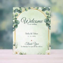 Señal Acrílica Elegante Arco de Bodas con Verde y Dorado Bienveni