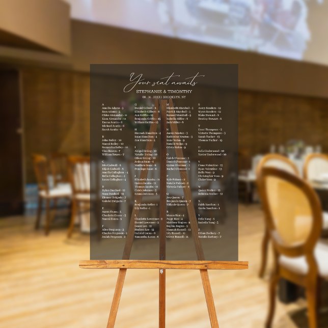 Señal Acrílica Elegante asiento Boda alfabético (Our acrylic sign displays names in alphabetical order, making it easy for guests to find their seats)