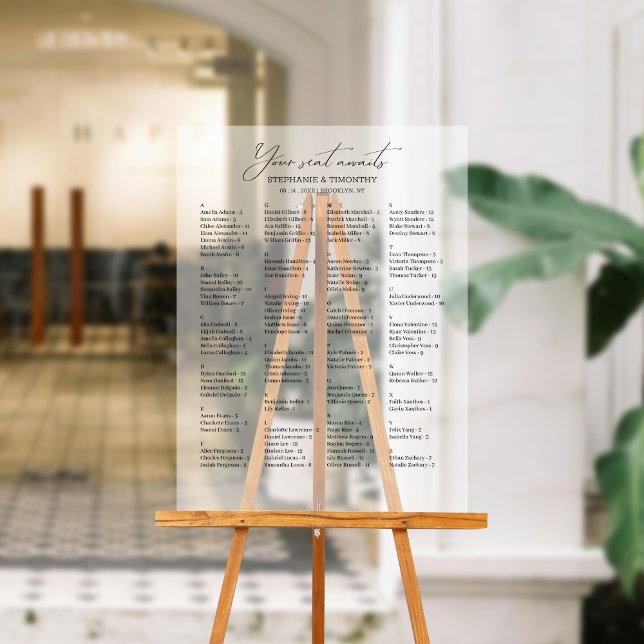 Señal Acrílica Elegante asiento Boda alfabético (Ensure your guests can easily find their seats with our alphabetically organized guest list chart.)