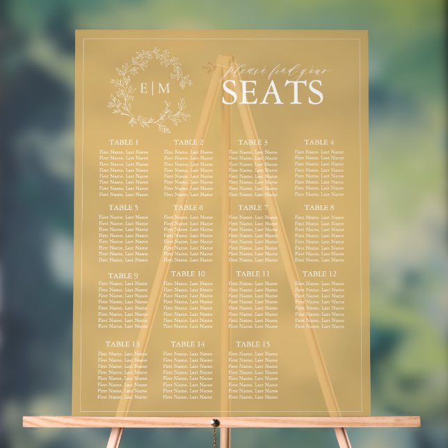 Señal Acrílica Elegante asiento Boda Monograma Escudo de Leafy de (Neutral )