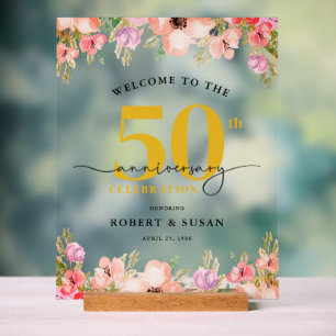 Señal Acrílica Elegante Bienvenida al 50 Aniversario de Boda Flor