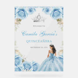 Señal Acrílica Elegante Bienvenida Azul Claro Floral Quinceañera