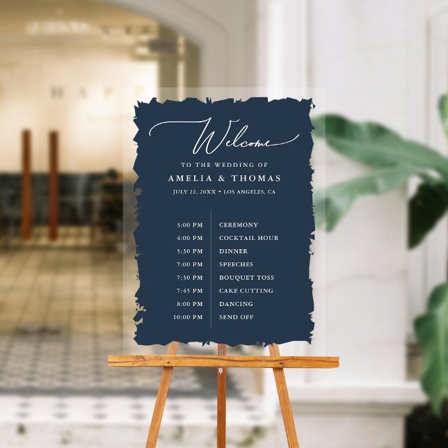 Señal Acrílica Elegante bienvenida azul de la marina de bodas y c (Welcome your guests with our elegant acrylic sign that greets them and displays your event timeline.)