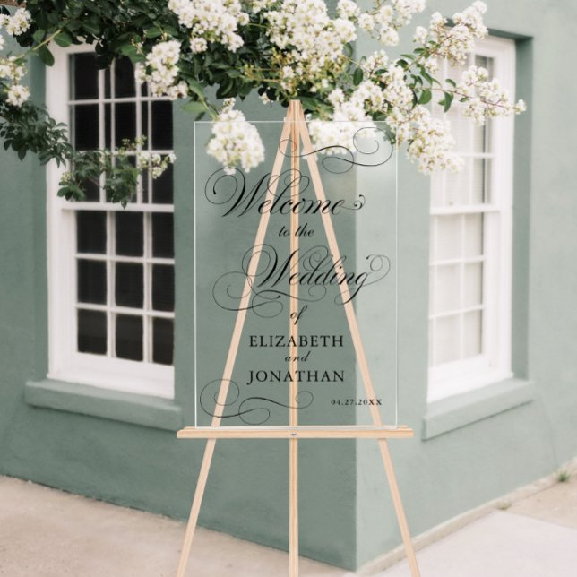Señal Acrílica Elegante bienvenida Boda de escritura negra formal (Elegant Formal Black Script Wedding Welcome Acrylic Sign)