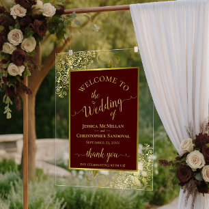 Señal Acrílica Elegante Bienvenida de Boda Auburn Marrón y Dorado