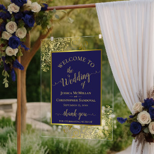 Señal Acrílica Elegante Bienvenida de Boda Azul Marino y Dorado