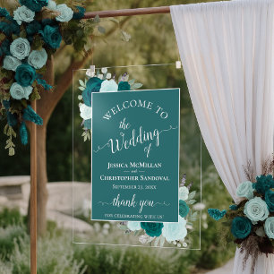 Señal Acrílica Elegante Bienvenida de Boda Boho Rosas Verde Azul 