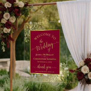 Señal Acrílica Elegante Bienvenida de Boda Burgundy y Dorado