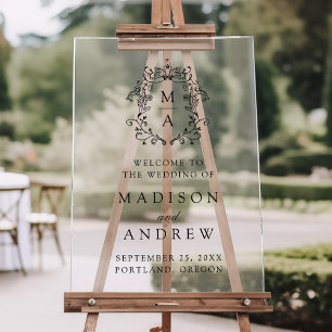 Señal Acrílica Elegante Bienvenida de Boda con Cresta de Monogram