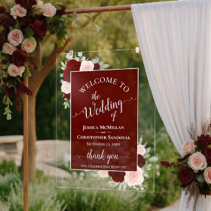 Señal Acrílica Elegante bienvenida de boda con rosas boho en tono