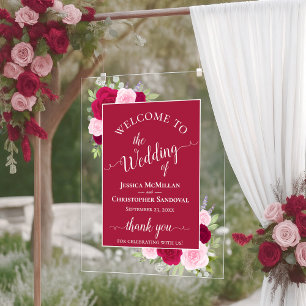 Señal Acrílica Elegante Bienvenida de Boda de Rosas Boho Magenta 