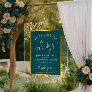 Señal Acrílica Elegante Bienvenida de Boda en Azul Teal Oscuro y