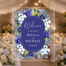 Elegante bienvenida de boda floral azul polvorient