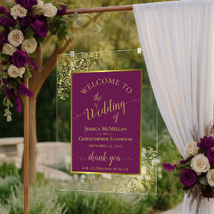 Señal Acrílica Elegante Bienvenida de Boda Magenta Ciruela y Dora