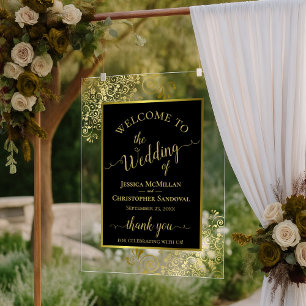 Señal Acrílica Elegante Bienvenida de Boda Negra y Dorada con Est