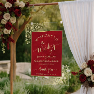 Señal Acrílica Elegante Bienvenida de Boda Rojo Carmesí y Dorado