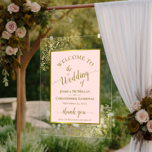 Señal Acrílica Elegante Bienvenida de Boda Rosa y Dorado