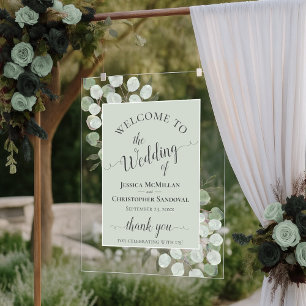 Señal Acrílica Elegante Bienvenida de Boda Verde Salvia Eucalipto