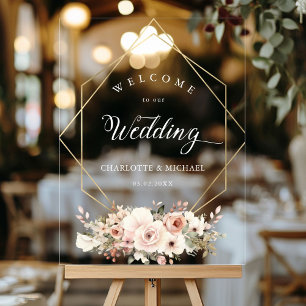 Señal Acrílica Elegante, Blanco, Pastel, Flor, Boda Geométrico