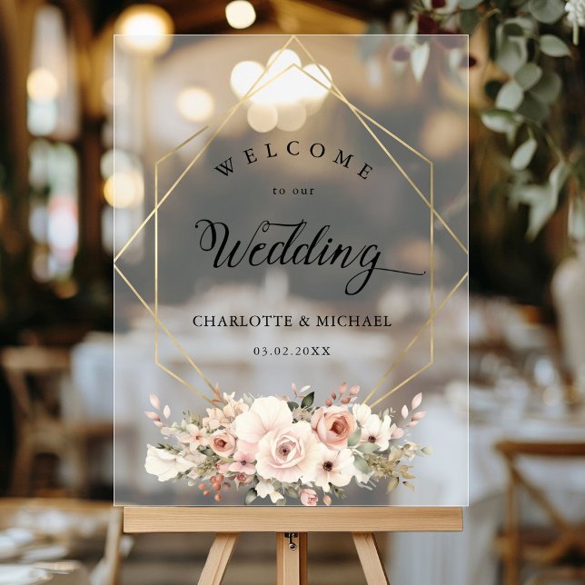 Señal Acrílica Elegante, Blanco, Pastel, Flor, Boda Geométrico (Personalized Elegant, White, Pastel, Flower, Geometric Wedding Acrylic Sign with your names and date)