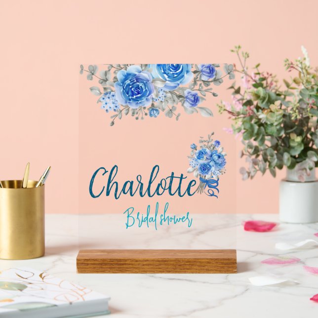 Señal Acrílica Elegante Blue Floral Bridal Shower Bienvenidos Acr (Boda)