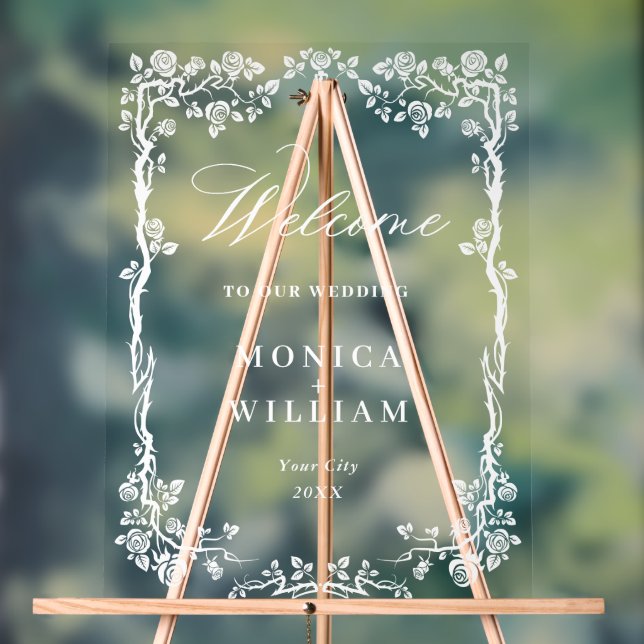 Señal Acrílica Elegante Blue French Garden Boda Floral Bienvenido (Neutral )