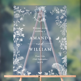 Señal Acrílica Elegante Blue French Garden Boda Floral Bienvenido