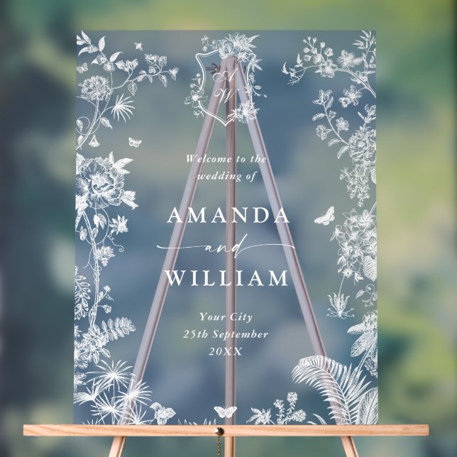 Señal Acrílica Elegante Blue French Garden Boda Floral Bienvenido (Neutral )