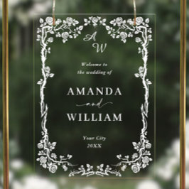 Señal Acrílica Elegante Blue French Garden Boda Floral Bienvenido