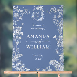 Señal Acrílica Elegante Blue French Garden Boda Floral Bienvenido