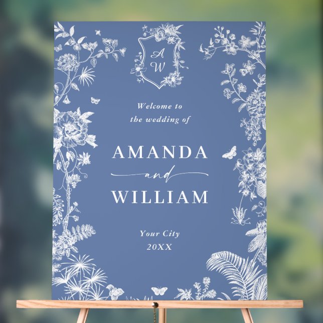 Señal Acrílica Elegante Blue French Garden Boda Floral Bienvenido (Neutral )
