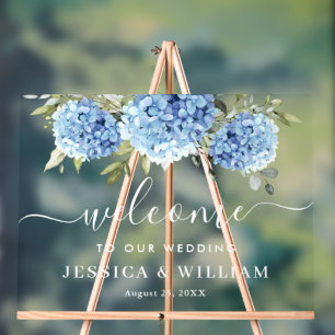 Señal Acrílica Elegante Blue Hydrangea Eucalyptus BODA Bienvenida