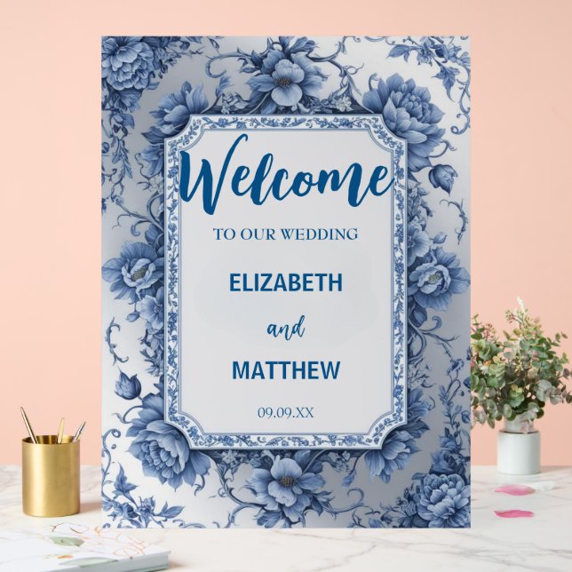 Señal Acrílica Elegante Boda de antigüedades chinas azul y blanco (Boda)