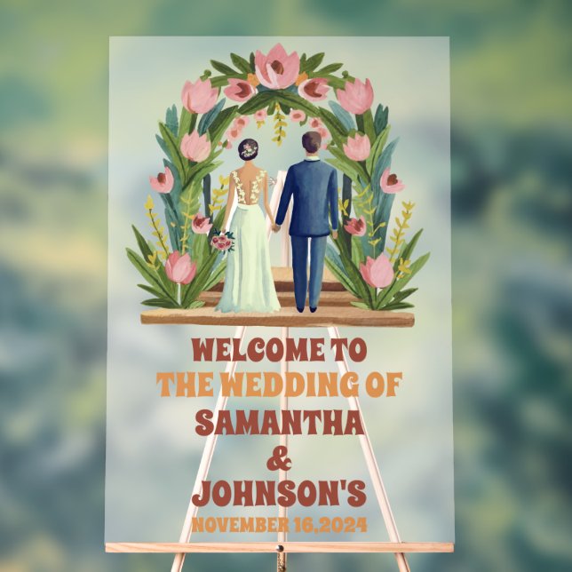 Señal Acrílica Elegante Boda de Arco Floral Bienvenida Escarcha (Neutral )
