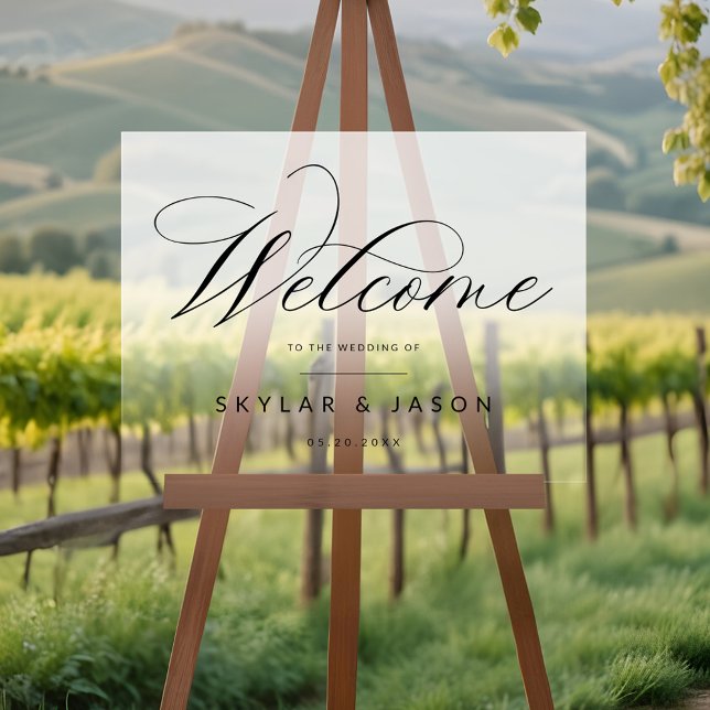 Señal Acrílica Elegante Boda de bienvenida con guijarros blancos  (Elegant Black Script White Frosted Welcome Wedding Acrylic Sign)