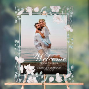 Señal Acrílica Elegante Boda de bienvenida foto Magnolia Floral