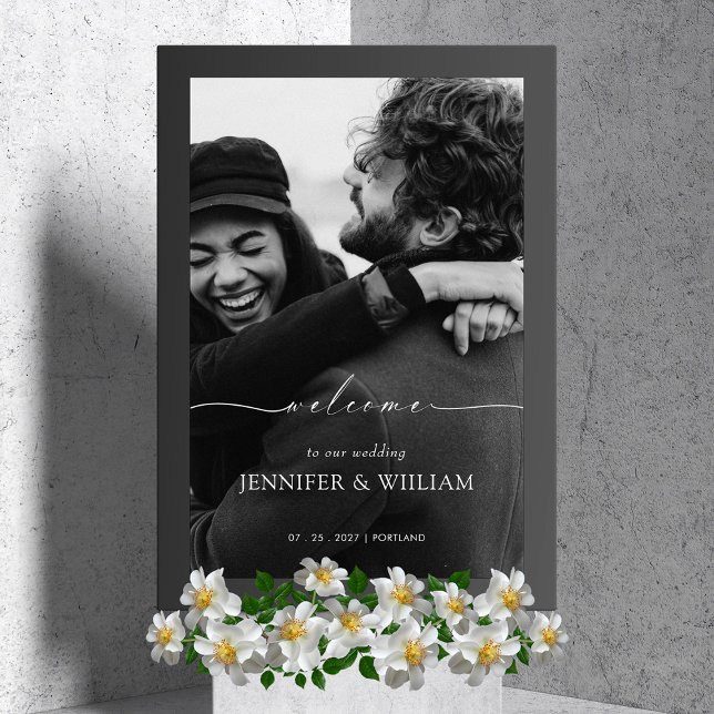 Señal Acrílica Elegante Boda de caligrafía blanca foto de bienven (Elegant White Calligraphy Wedding Welcome Photo Acrylic Sign)