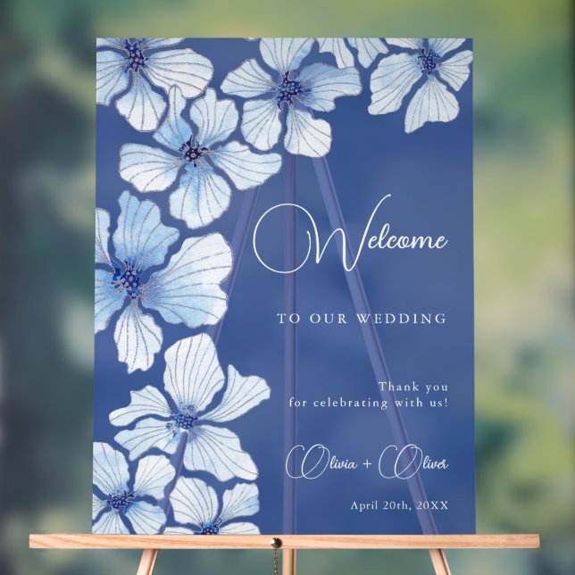 Señal Acrílica Elegante Boda de flores azules (Neutral )