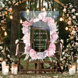 Señal Acrílica Elegante BODA de flores de boho rosa y turbio