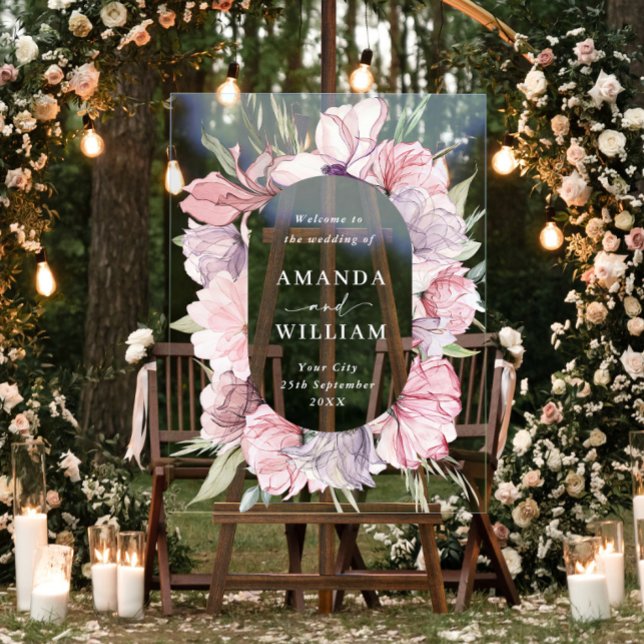 Señal Acrílica Elegante BODA de flores de boho rosa y turbio (Subido por el creador)