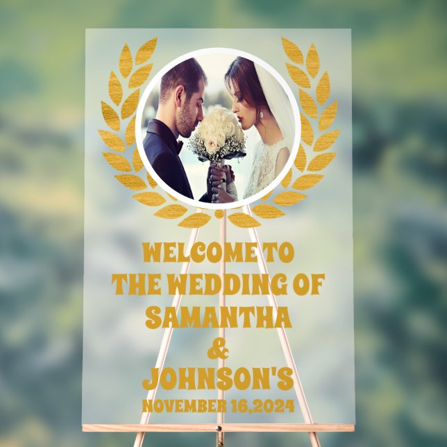 Señal Acrílica Elegante Boda de la guirnalda del oro Bienvenida E (Neutral )