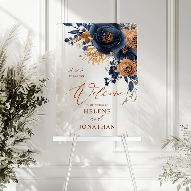 Señal Acrílica Elegante Boda de la Marina Azul Terracota (Elegant Navy Blue Terracotta Wedding Welcome Acrylic Sign)
