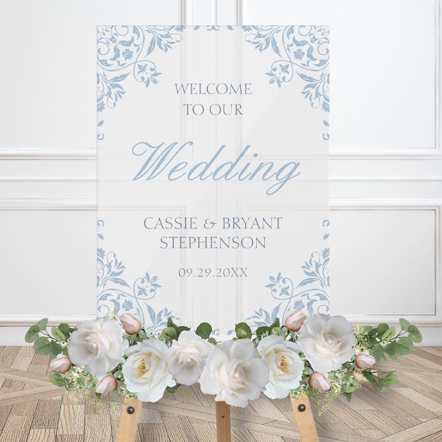 Señal Acrílica Elegante Boda de marco azul vintage (elegant dusty blue wedding welcome sign with bride and groom names date for reception shower event)