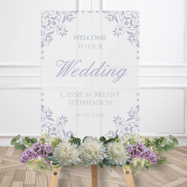 Señal Acrílica Elegante Boda de marco violeta púrpura (Elegant purple acrylic transparent welcome sign for vintage formal regency era wedding reception)