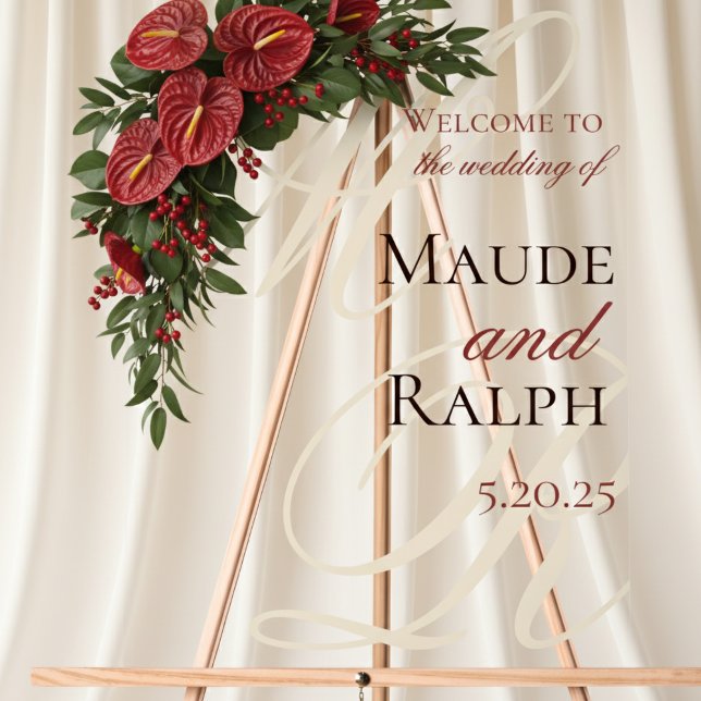 Señal Acrílica Elegante Boda de pantalla de entrada de monograma  (Welcome guests in timeless style with this Old Money Bold Red Clear Acrylic Wedding Welcome Sign!)